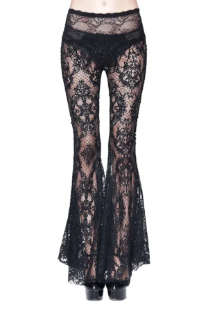 Black lace flare pants front view – sheer gothic trousers with floral mesh detail and high-waisted silhouette