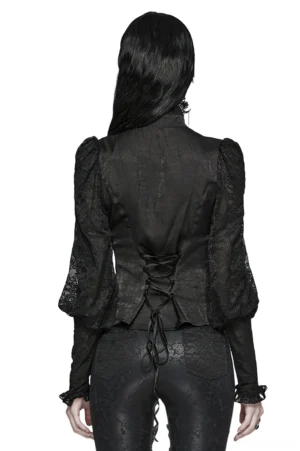 Black lace gothic blouse back view on model - velvet ribbon lace-up corset detail, long lace sleeves