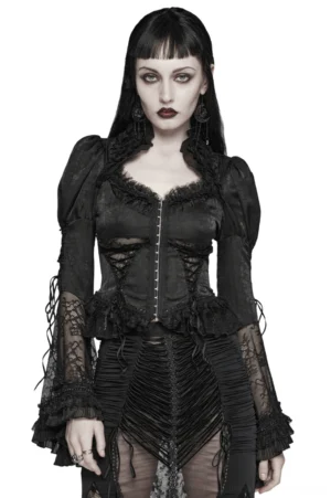 Black lace gothic blouse front view with ruffled collar, corset lacing, and dramatic bubble sleeves on model
