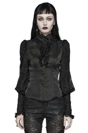 Black lace gothic blouse front view on model - ruffled collar, puff sleeves, slim-fitted silhouette