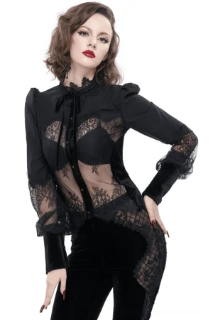 Black lace gothic blouse with puff sleeves front three-quarter view on model showing sheer lace bodice and crown collar