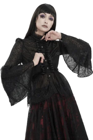 Black lace bell sleeve gothic blouse with stand collar front view on model
