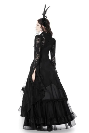 Gothic black lace cape with mesh layering back view showing sheer details