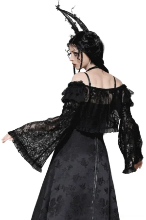 Black gothic lace cape rear view showing adjustable tie-back closure and bell sleeve details
