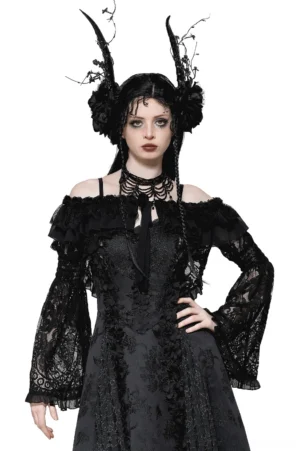 Black lace off-shoulder gothic cape with dramatic bell sleeves, front full-body view on model with gothic styling