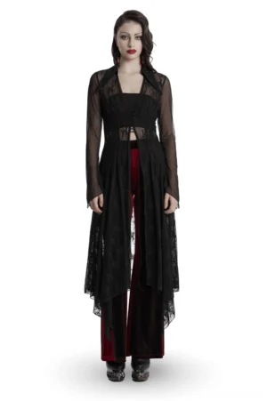 Black sheer lace gothic cape front view on model, featuring drawstring closure and asymmetrical irregular hem