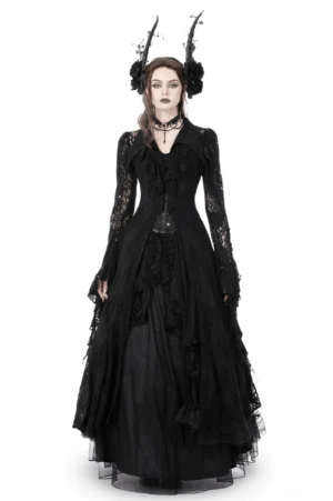 Black lace gothic cape with heart cutout front view on model with horn accessories