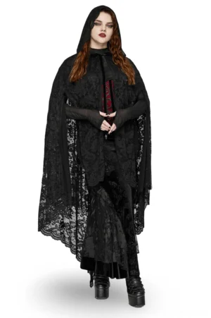 Black lace hooded cape with rose trim worn by female model, front three-quarter view showing dramatic hood and scalloped lace hem