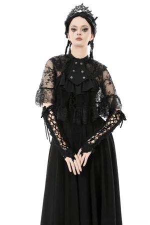 Black gothic lace capelet with victorian bell sleeves and metal buttons, front full-body view on model with gothic styling
