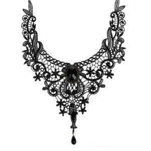 Black lace gothic choker necklace with faceted oval gem and teardrop pendant, front flat lay view