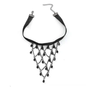 Black lace gothic choker necklace with cascading lattice metal chains and teardrop bead pendants on white background