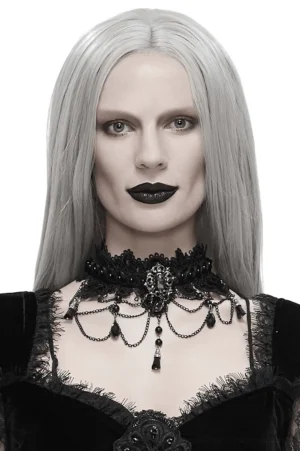 Black lace gothic choker necklace with rhinestone drop pendant worn by model - front upper-body close-up on white background