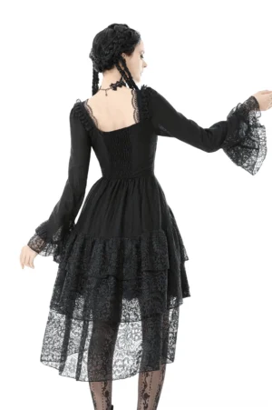 Black lace gothic corset dress back view - open back design with layered ruffle lace skirt and bell sleeves