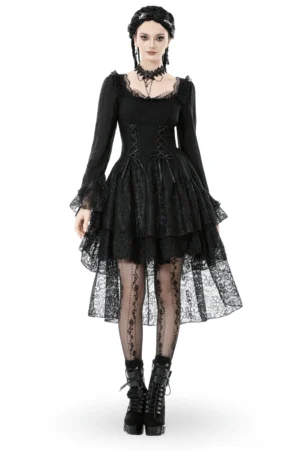 Black lace gothic corset dress front view - Victorian medieval long sleeve with ruffle square neckline and hi-lo asymmetrical lace skirt
