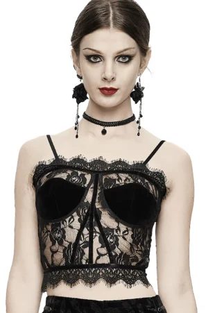 Black lace gothic corset camisole with velvet bra cups and eyelash lace trim, front view on model with gothic makeup