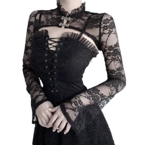 Black gothic lace crop top with bell sleeves and ornate metal collar clasp, front three-quarter view on model