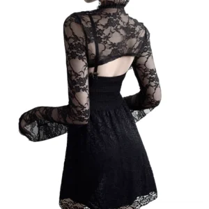 Black sheer lace gothic crop top open back design with ruffled collar, back three-quarter view on model
