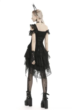 Rear view of black lace gothic dress showing corset lace-up back and sheer mesh overlay detail