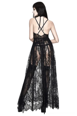 Black lace gothic dress rear view, crisscross back straps detail, sheer lace skirt, alternative evening wear