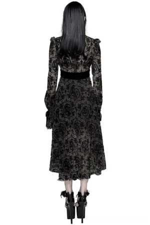 Black gothic lace midi dress back view showing sheer lace sleeves, high stand collar, and asymmetrical hemline detail