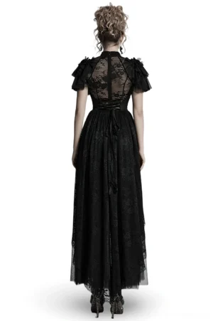 Black gothic lace maxi dress rear view showcasing sheer lace back and corset lacing details on model