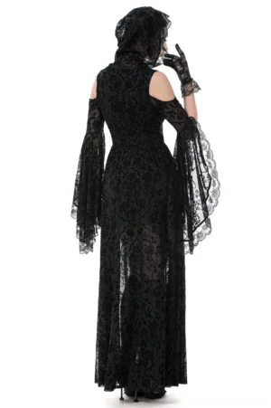 Victorian gothic lace maxi dress back view showing sheer layered lace skirt and hooded design