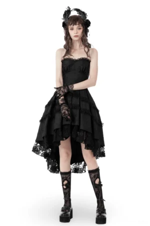 Black lace tiered gothic evening dress with sweetheart neckline, front view on model wearing gothic headpiece, high-low hem detail