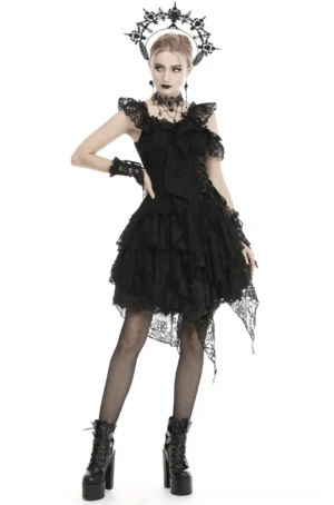 Front view of black lace gothic dress with off-shoulder ruffle neckline and asymmetric layered hem on model