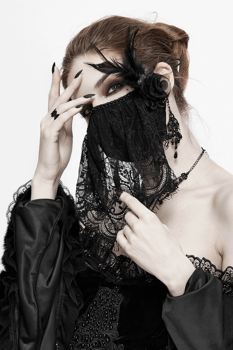 Black lace gothic face veil mask product lifestyle flat lay showing complete mask with all decorative elements