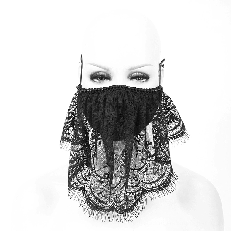 Black lace gothic face mask on mannequin with adjustable ear loops and feather rose decoration front straight view