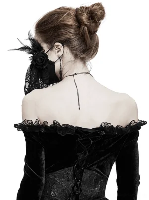 Black lace gothic face mask rear back view on model wearing off-shoulder velvet corset top