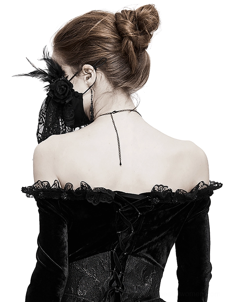 Black lace gothic face mask rear back view on model wearing off-shoulder velvet corset top