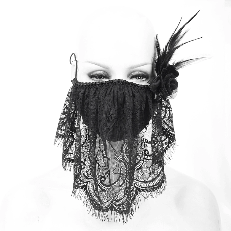 Black lace gothic face veil mask front view on mannequin head showing pleated lace panel and scalloped eyelash hem
