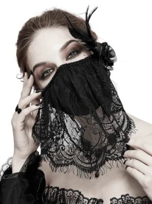 Black lace gothic face veil mask with feather and rose embellishments, worn by fashion model in front studio view