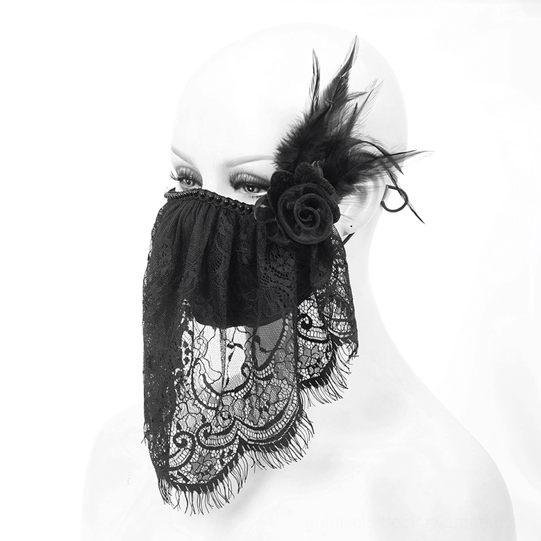 Black lace gothic face mask on mannequin head three-quarter view displaying ear loop attachment and decorative elements
