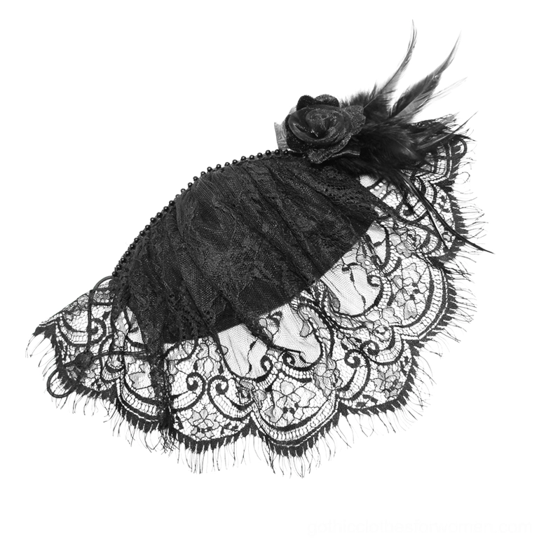 Black lace gothic face veil mask oblique side angle flat lay showing scalloped lace trim and feather rose ornament