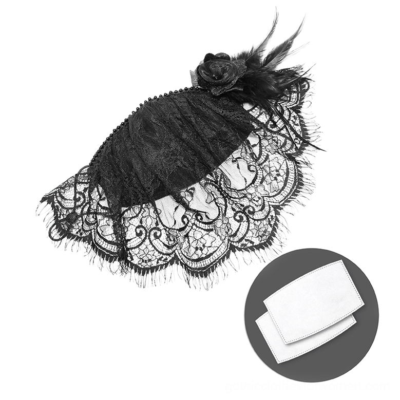 Black lace gothic face veil mask flat lay oblique angle with replaceable filter pads included