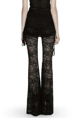 Black lace flared gothic pants worn by model - front view full body shot showing sheer floral lace, ruched waist overlay, and adjustable side drawstrings