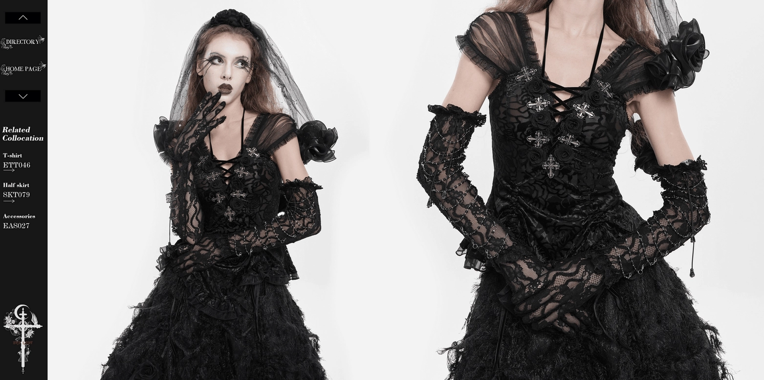 Black lace gothic gloves with chain embellishments and ruffled cuff, complete product showcase