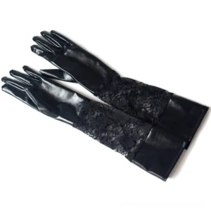 Pair of black lace gothic party gloves flat lay, top-down view displaying glossy faux leather with intricate lace cuff decoration