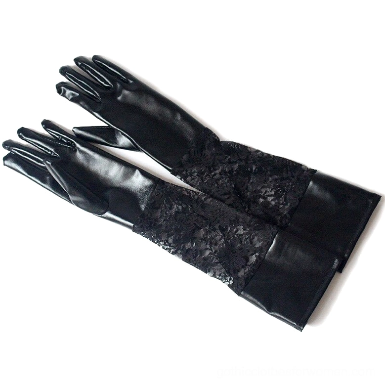 Pair of black lace gothic party gloves flat lay, top-down view displaying glossy faux leather with intricate lace cuff decoration