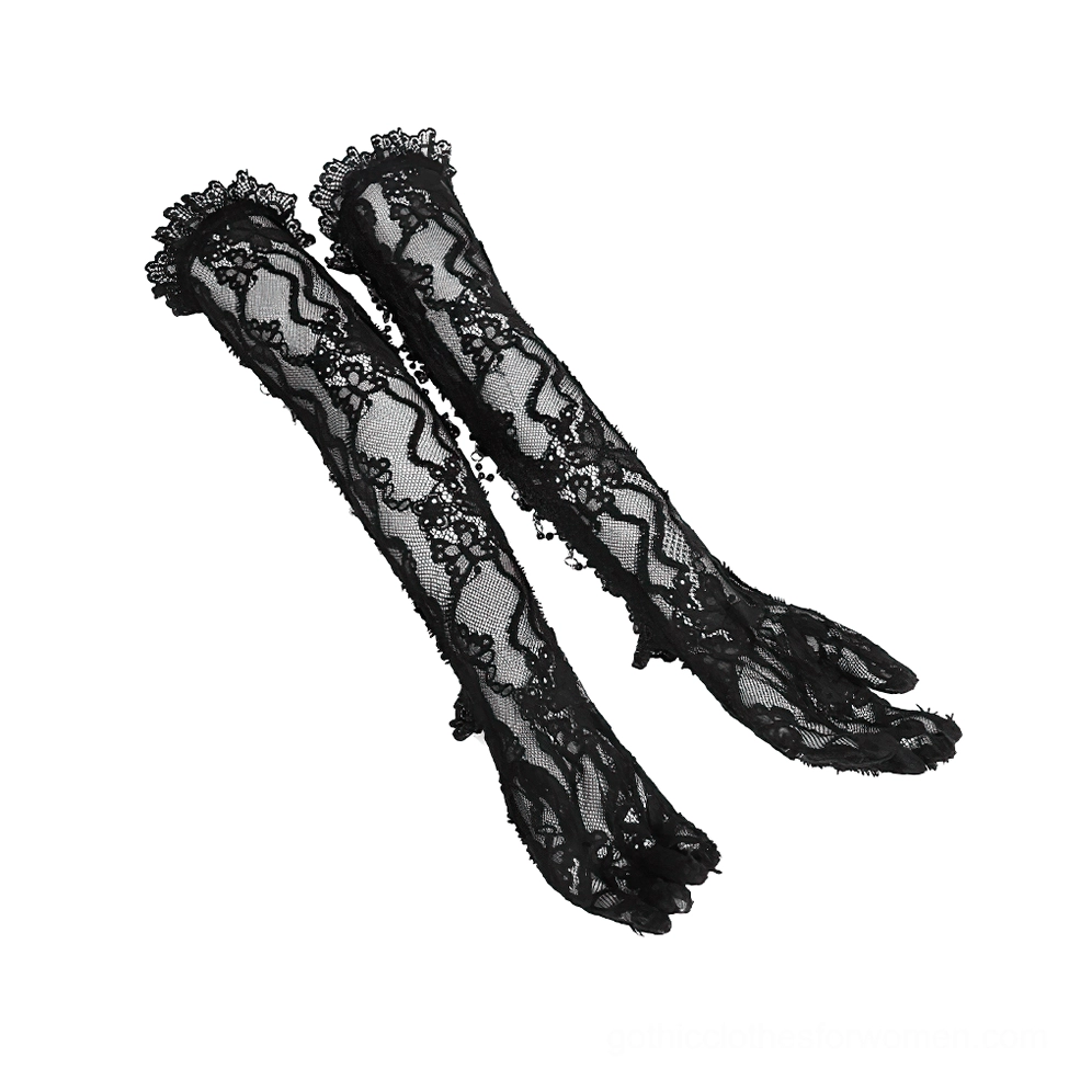 Black lace long gloves with simple floral lace pattern without extra chain embellishments, clean design