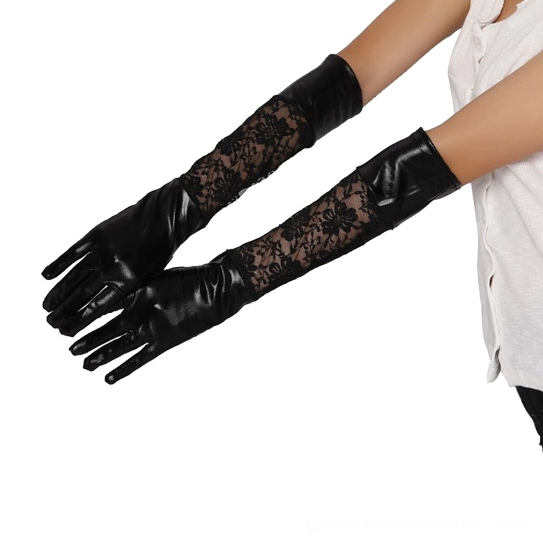 Long black lace gothic gloves worn by female model, side profile view demonstrating elbow-length coverage and full design
