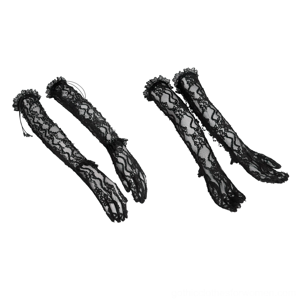 Two pairs of black lace fingerless gloves with floral lace design, flat lay comparison view
