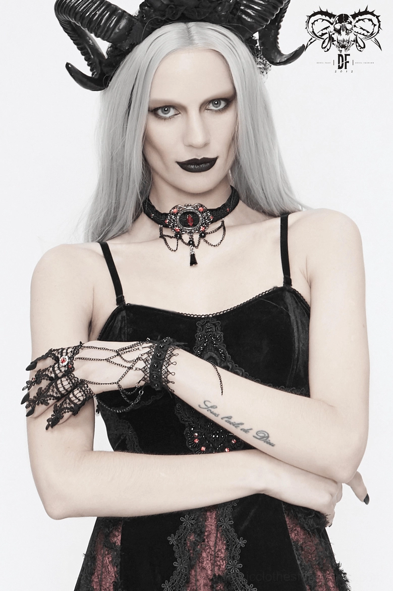 Black lace gothic gloves with decorative chains and rhinestone gems, perfect for punk and alternative fashion styling