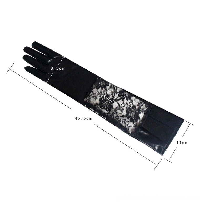Black gothic gloves size specification with single glove laid flat, showing 45.5cm length and floral lace panel detail