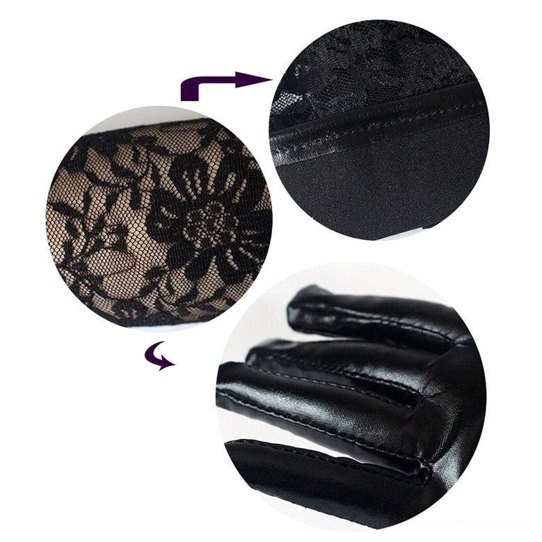 Close-up detail shots of black gothic gloves showing floral lace pattern texture, faux leather construction, and seam craftsmanship