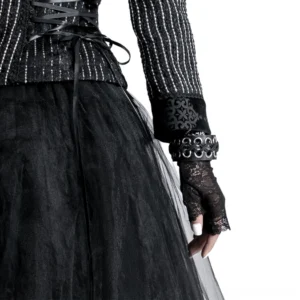 Black lace fingerless gothic gloves worn with Victorian-inspired fashion outfit, side close-up view showcasing delicate floral lace pattern