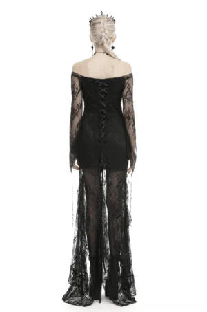 Gothic black lace evening dress back view showing lace-up closure and floor-length sheer skirt