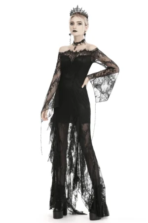 Black lace off-shoulder gothic evening gown front view with flared lace sleeves and embroidered floral details